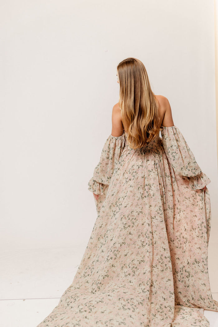 Delilah Floral Maxi Dress with Train in Blush/Grey - Bump Friendly
