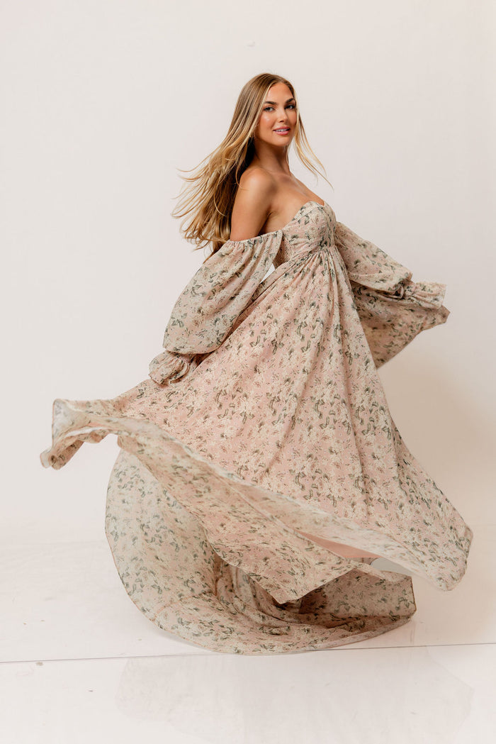 Delilah Floral Maxi Dress with Train in Blush/Grey - Bump Friendly