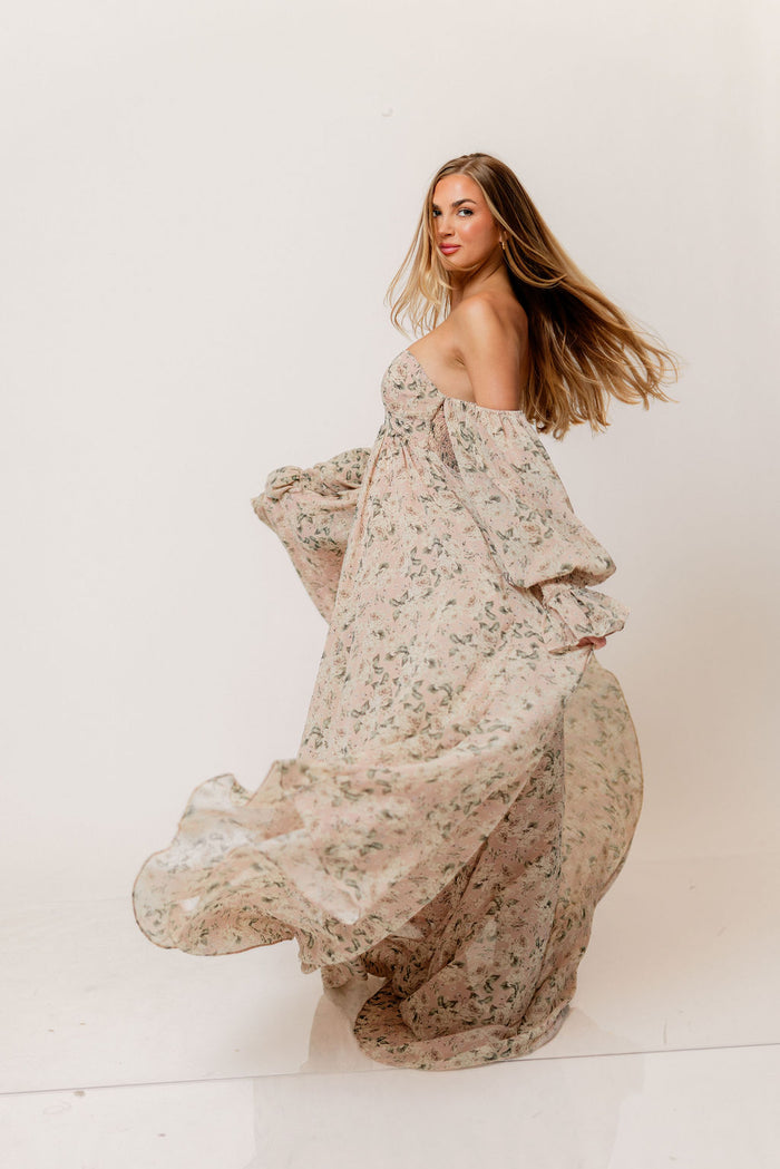 Delilah Floral Maxi Dress with Train in Blush/Grey - Bump Friendly