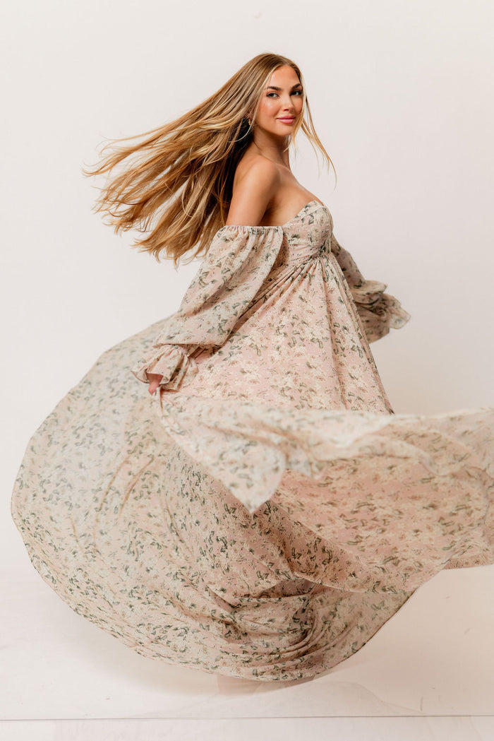 Delilah Floral Maxi Dress with Train in Blush/Grey - Bump Friendly