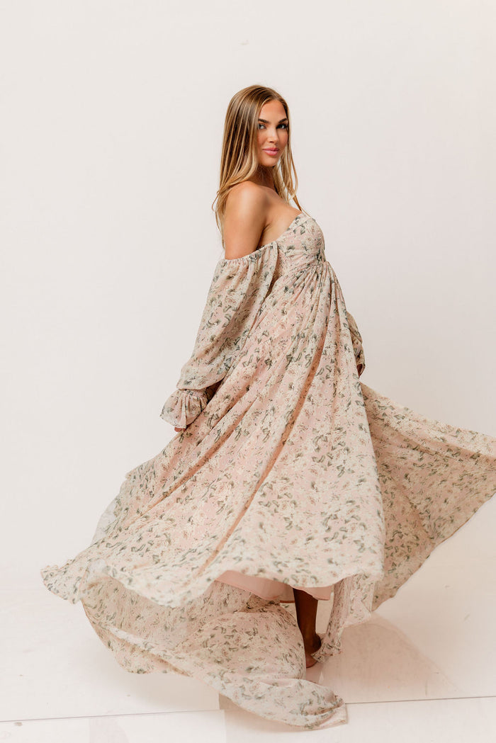 Delilah Floral Maxi Dress with Train in Blush/Grey - Bump Friendly