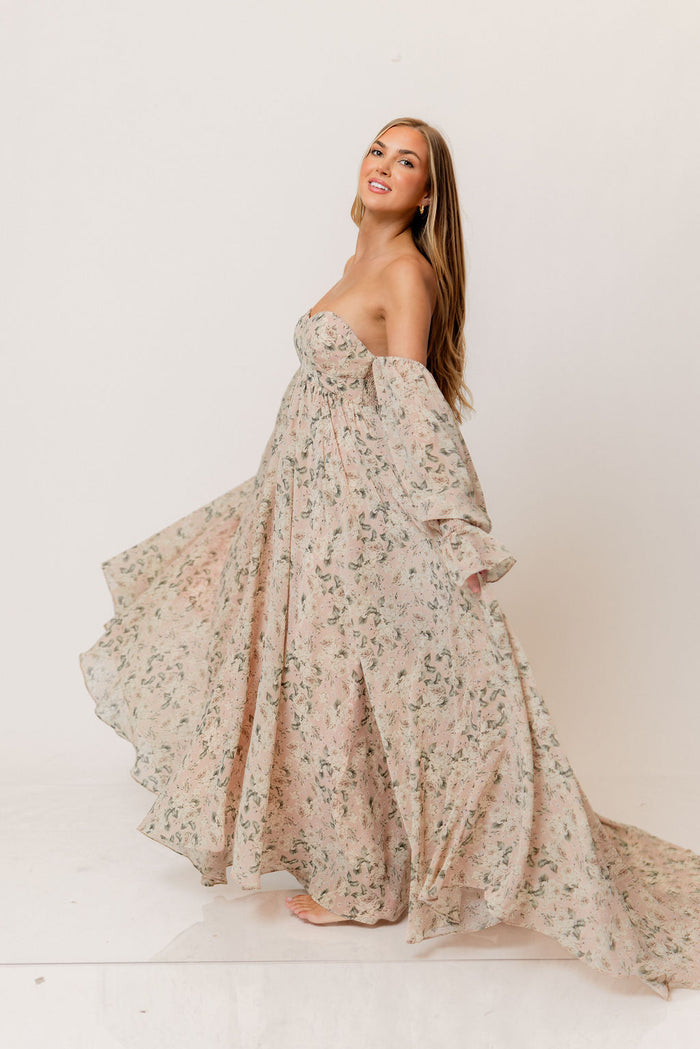 Delilah Floral Maxi Dress with Train in Blush/Grey - Bump Friendly