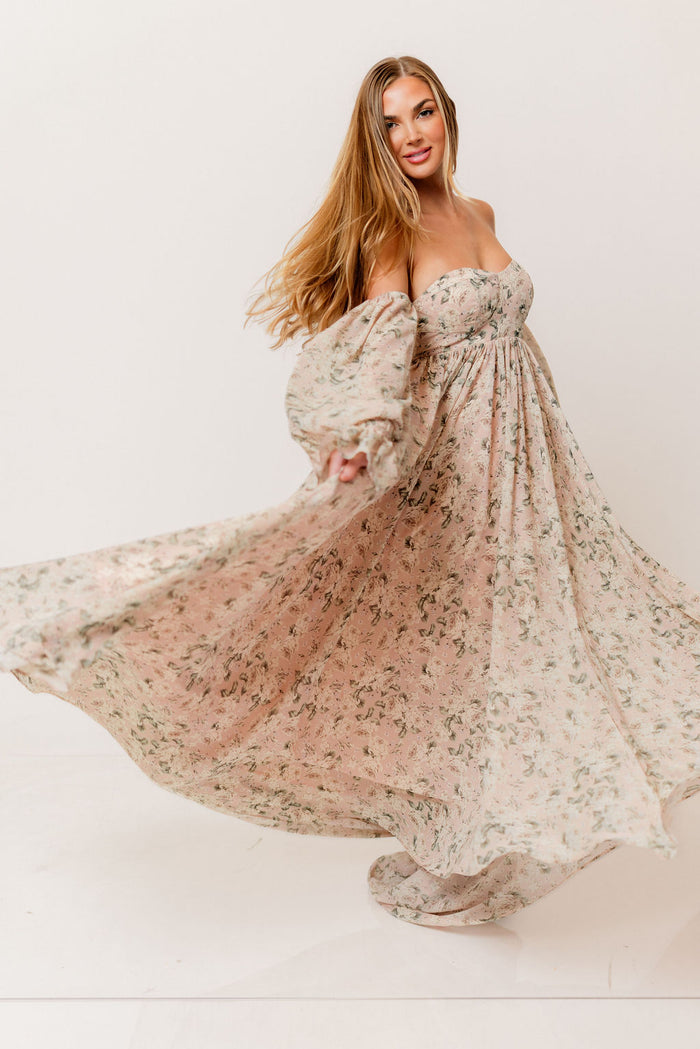Delilah Floral Maxi Dress with Train in Blush/Grey - Bump Friendly