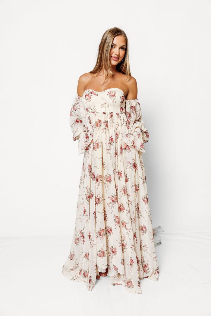 Delilah Floral Maxi Dress with Train in Buttercream/Red - Bump Friendly *9/17 PRE-ORDER*
