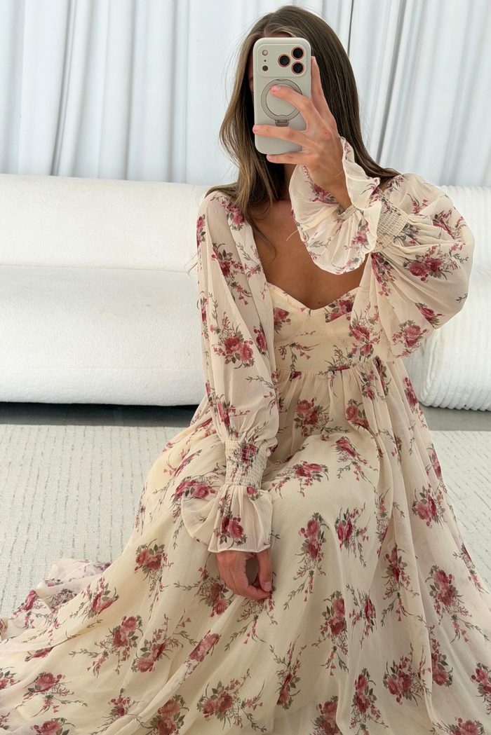 Delilah Floral Maxi Dress with Train in Buttercream/Red - Bump Friendly *9/17 PRE-ORDER*