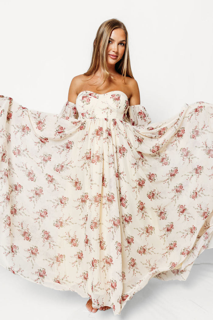 Delilah Floral Maxi Dress with Train in Buttercream/Red - Bump Friendly *9/17 PRE-ORDER*