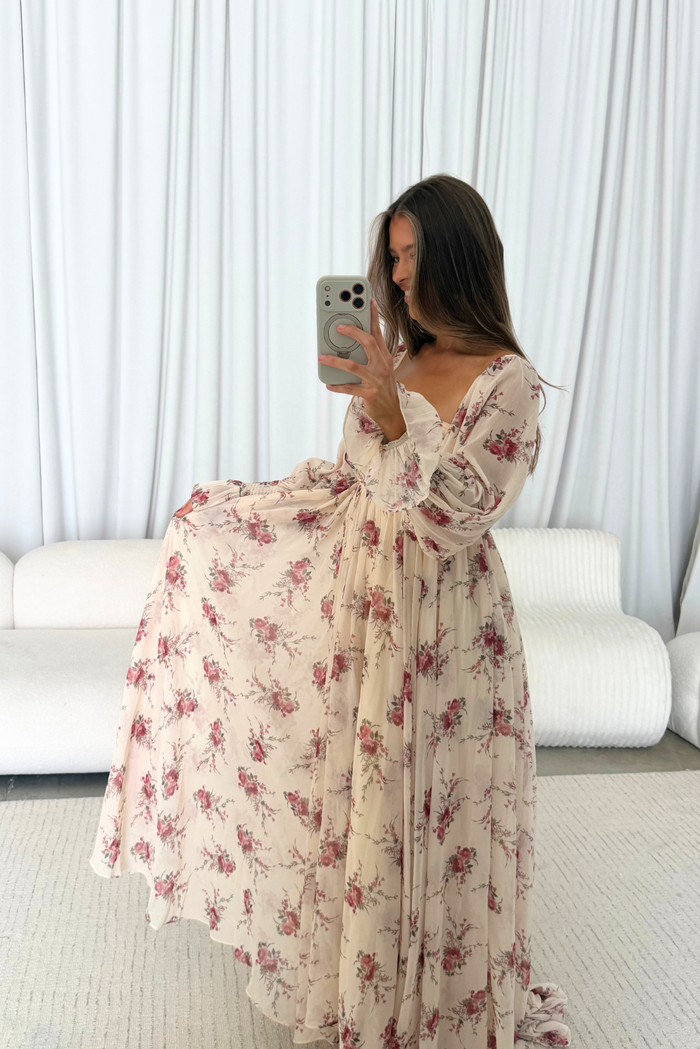 Delilah Floral Maxi Dress with Train in Buttercream/Red - Bump Friendly *9/17 PRE-ORDER*