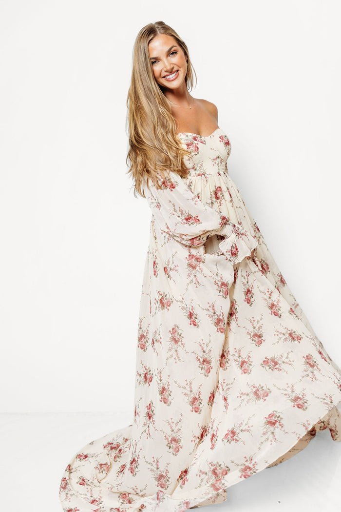 Delilah Floral Maxi Dress with Train in Buttercream/Red - Bump Friendly *9/17 PRE-ORDER*