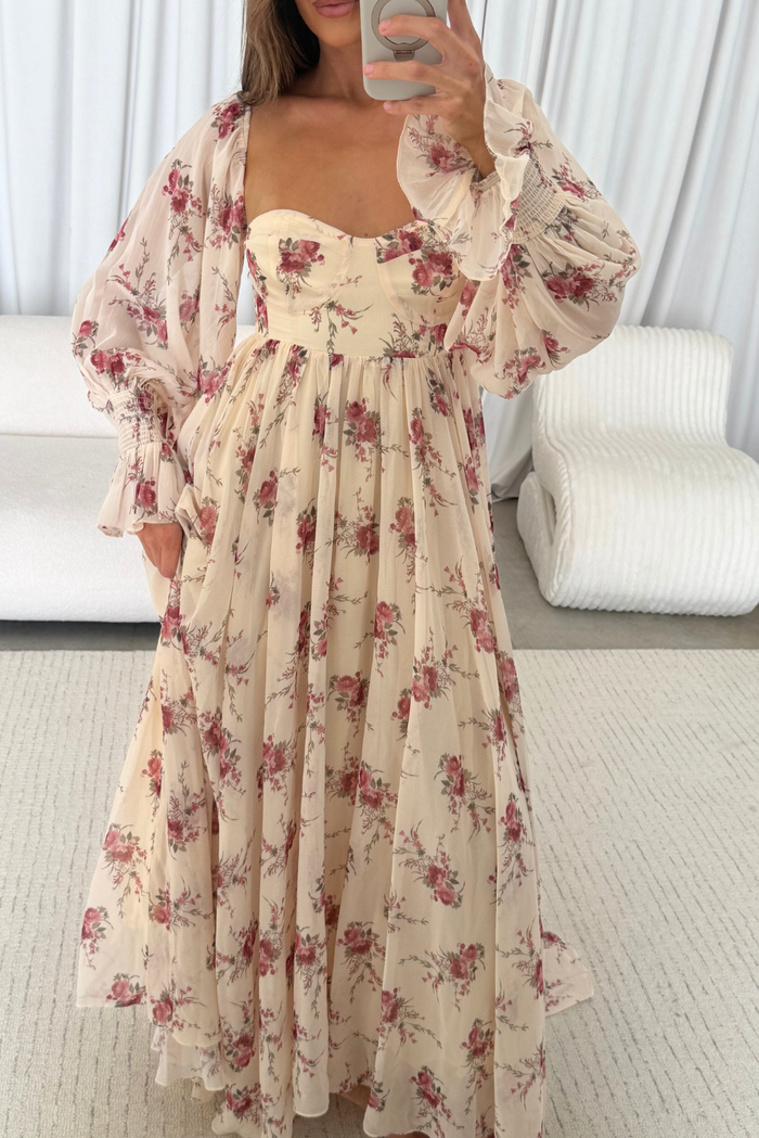 Delilah Floral Maxi Dress with Train in Buttercream/Red - Bump Friendly *9/17 PRE-ORDER*