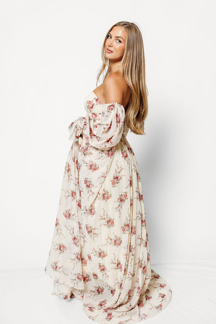 Delilah Floral Maxi Dress with Train in Buttercream/Red - Bump Friendly *9/17 PRE-ORDER*