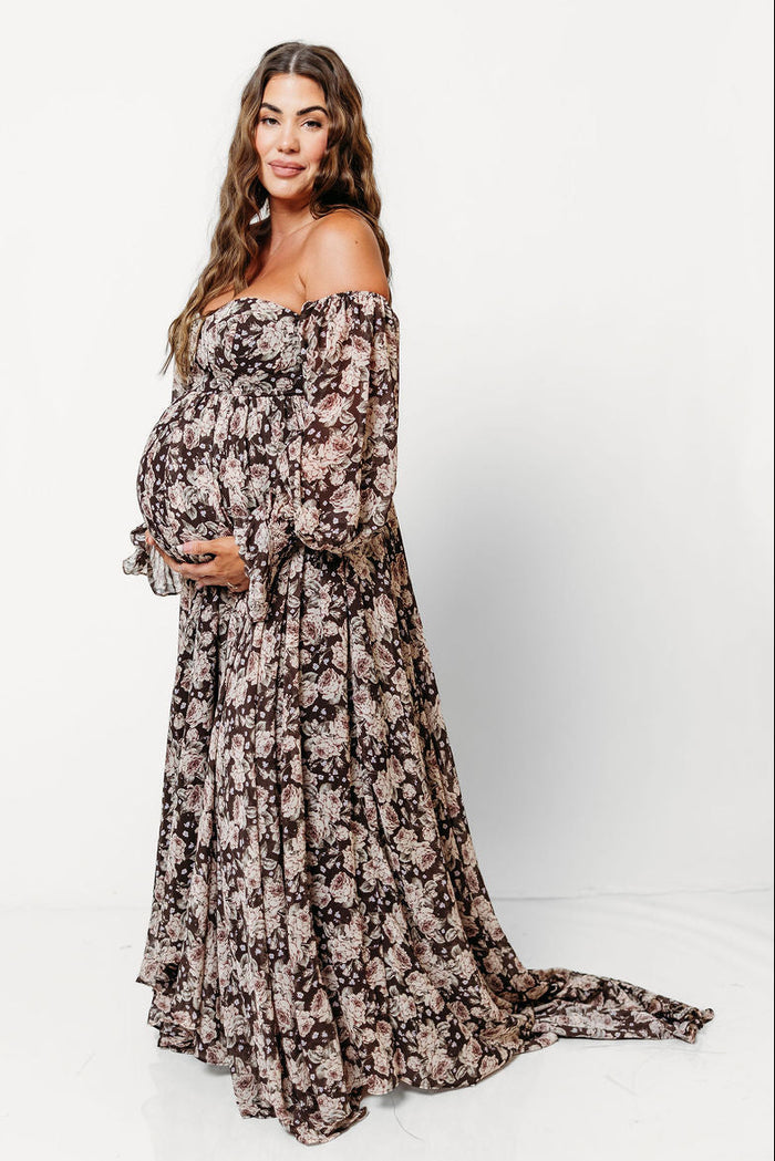 Delilah Floral Maxi Dress with Train in Chocolate Brown - Bump Friendly