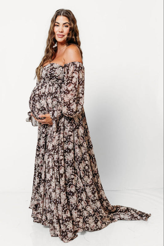Delilah Floral Maxi Dress with Train in Chocolate Brown - Bump Friendly