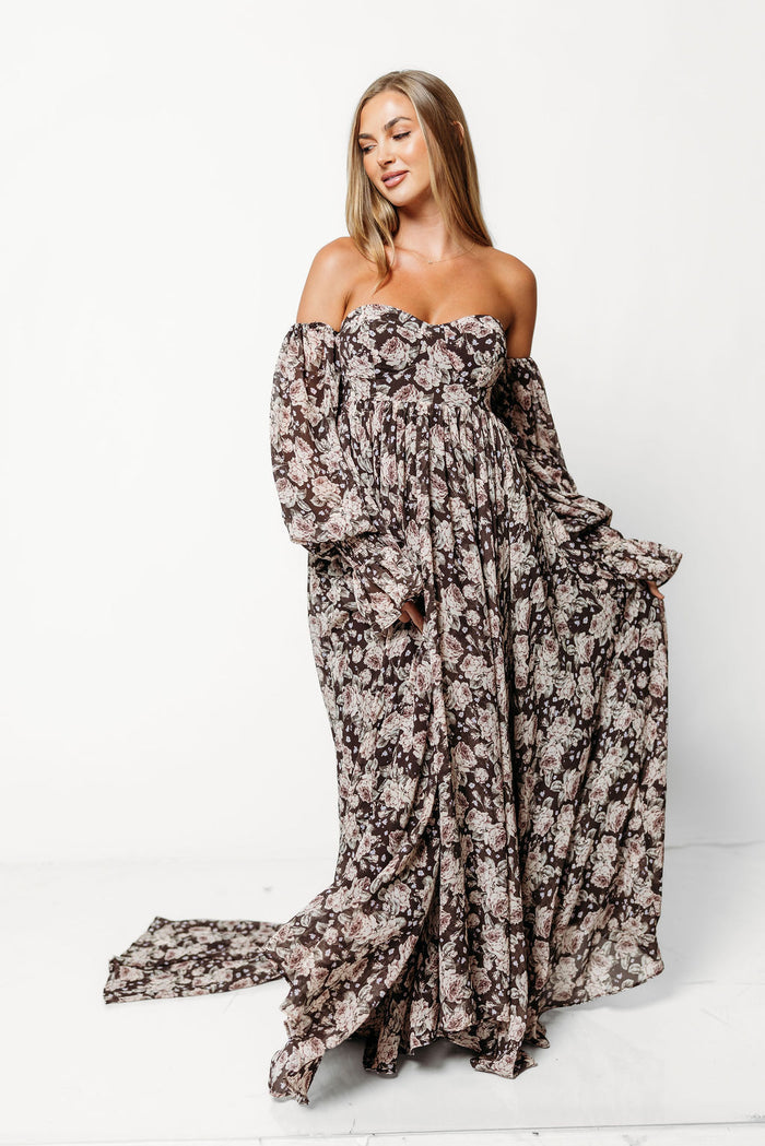 Delilah Floral Maxi Dress with Train in Chocolate Brown - Bump Friendly