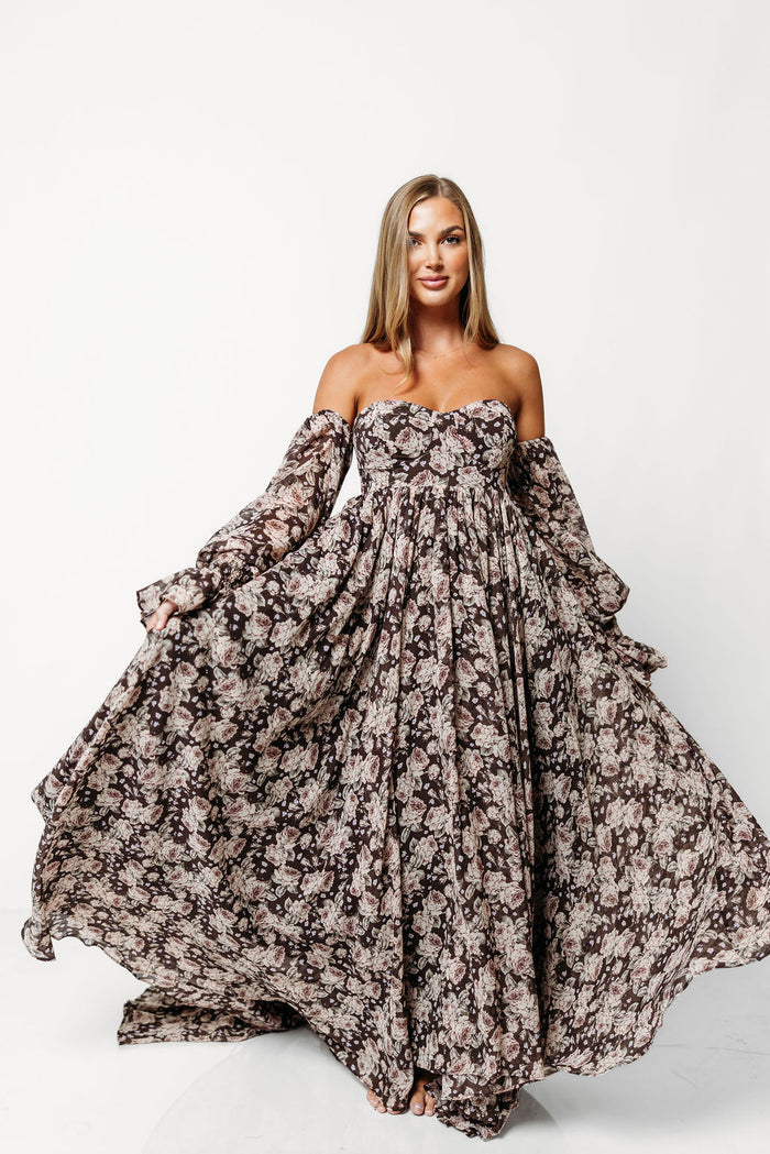 Delilah Floral Maxi Dress with Train in Chocolate Brown - Bump Friendly