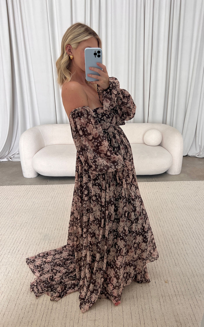Delilah Floral Maxi Dress with Train in Chocolate Brown - Bump Friendly