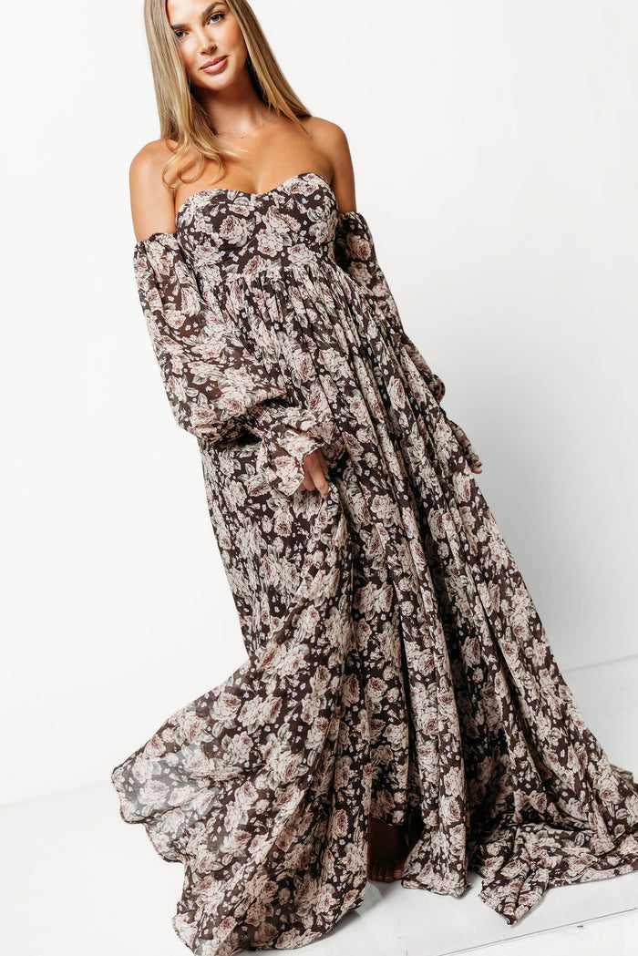 Delilah Floral Maxi Dress with Train in Chocolate Brown - Bump Friendly