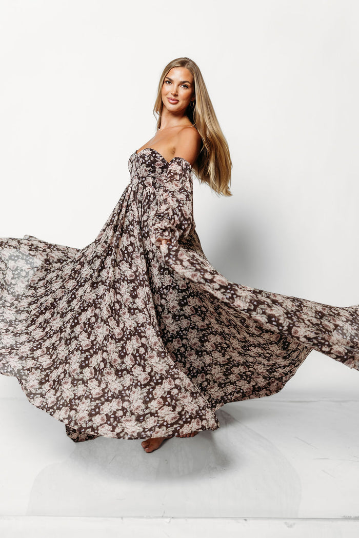 Delilah Floral Maxi Dress with Train in Chocolate Brown - Bump Friendly