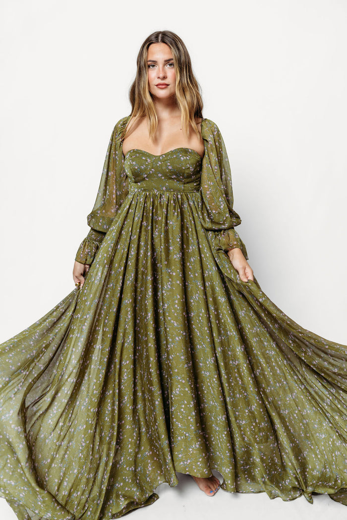 Delilah Floral Maxi Dress with Train in Dark Green - Bump Friendly *9/17 PRE-ORDER*