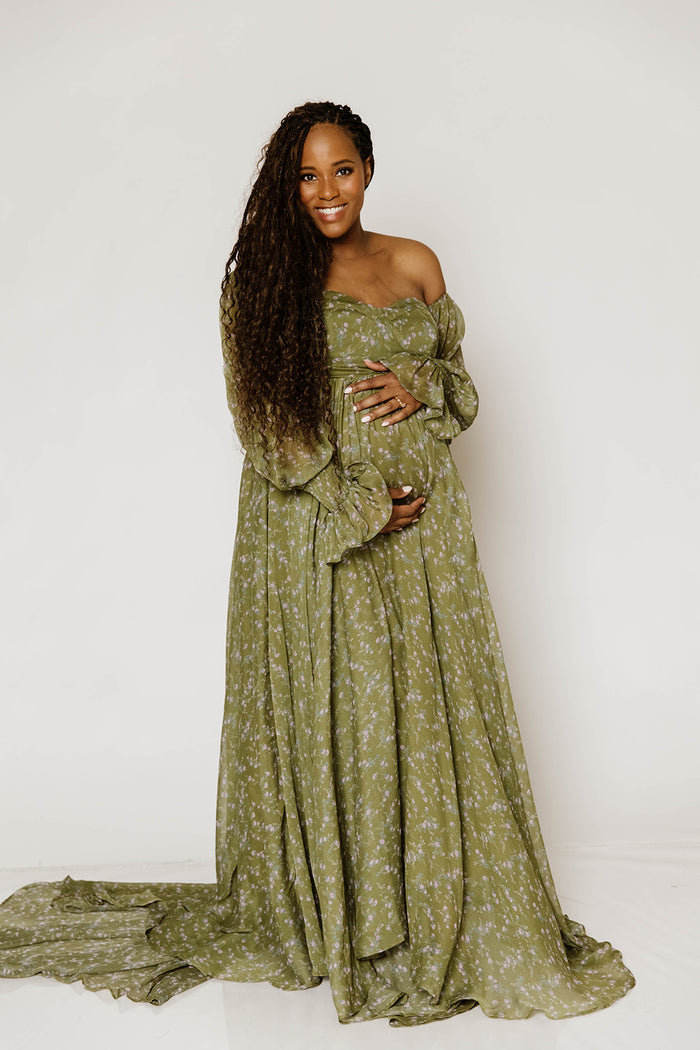 Delilah Floral Maxi Dress with Train in Dark Green - Bump Friendly *9/17 PRE-ORDER*