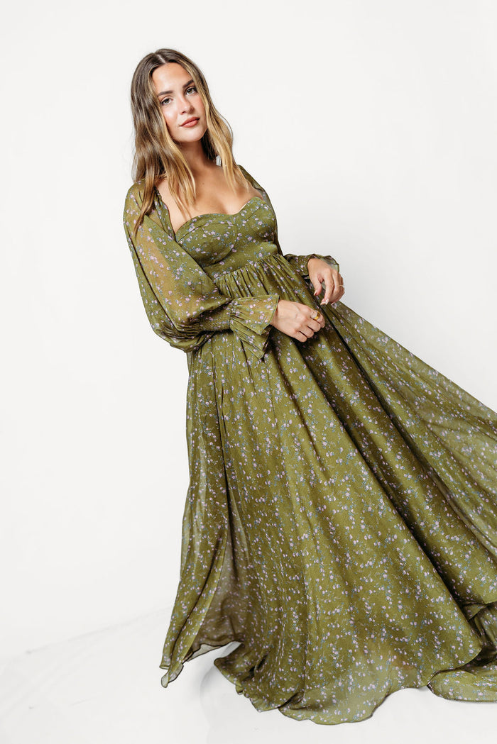 Delilah Floral Maxi Dress with Train in Dark Green - Bump Friendly *9/17 PRE-ORDER*