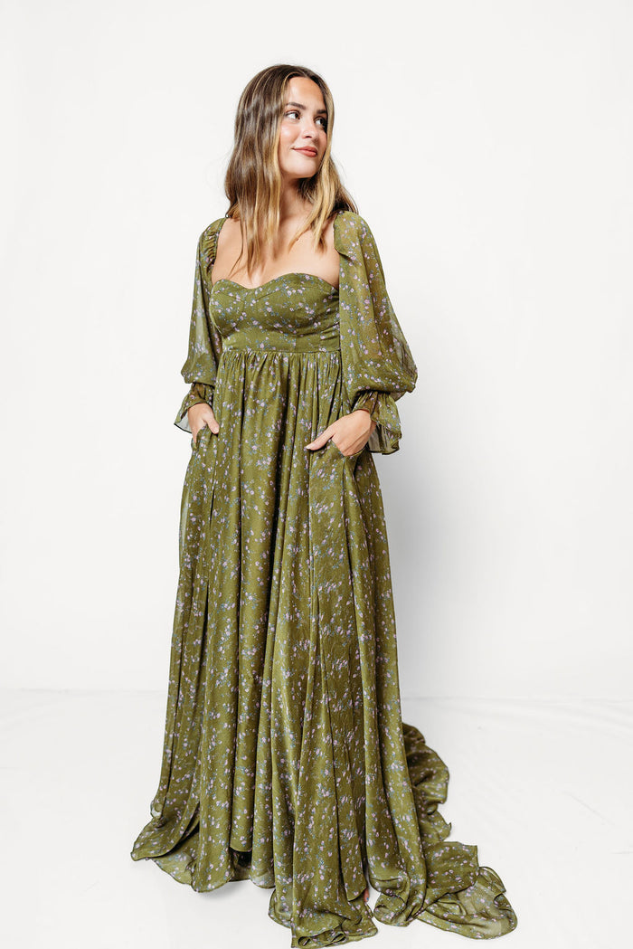 Delilah Floral Maxi Dress with Train in Dark Green - Bump Friendly *9/17 PRE-ORDER*