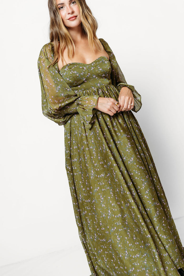 Delilah Floral Maxi Dress with Train in Dark Green - Bump Friendly *9/17 PRE-ORDER*