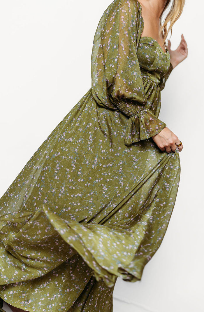 Delilah Floral Maxi Dress with Train in Dark Green - Bump Friendly *9/17 PRE-ORDER*