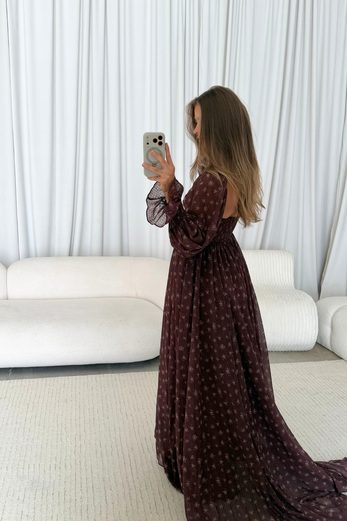 Delilah Floral Maxi Dress with Train in Deep Burgundy - Bump Friendly *9/3 PRE-ORDER*