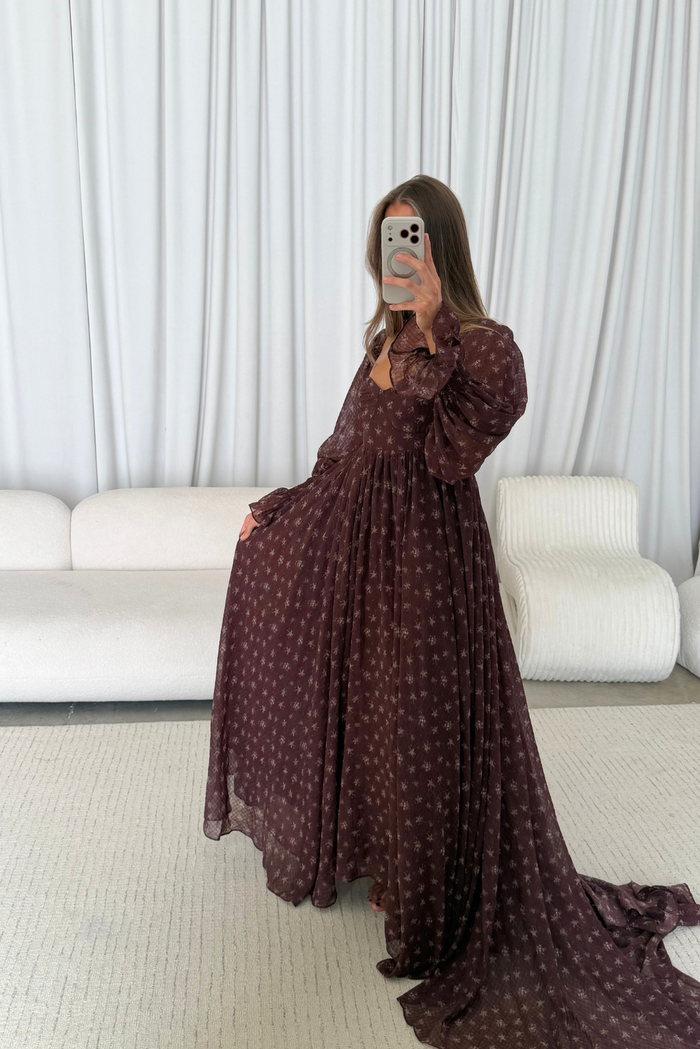 Delilah Floral Maxi Dress with Train in Deep Burgundy - Bump Friendly *9/3 PRE-ORDER*
