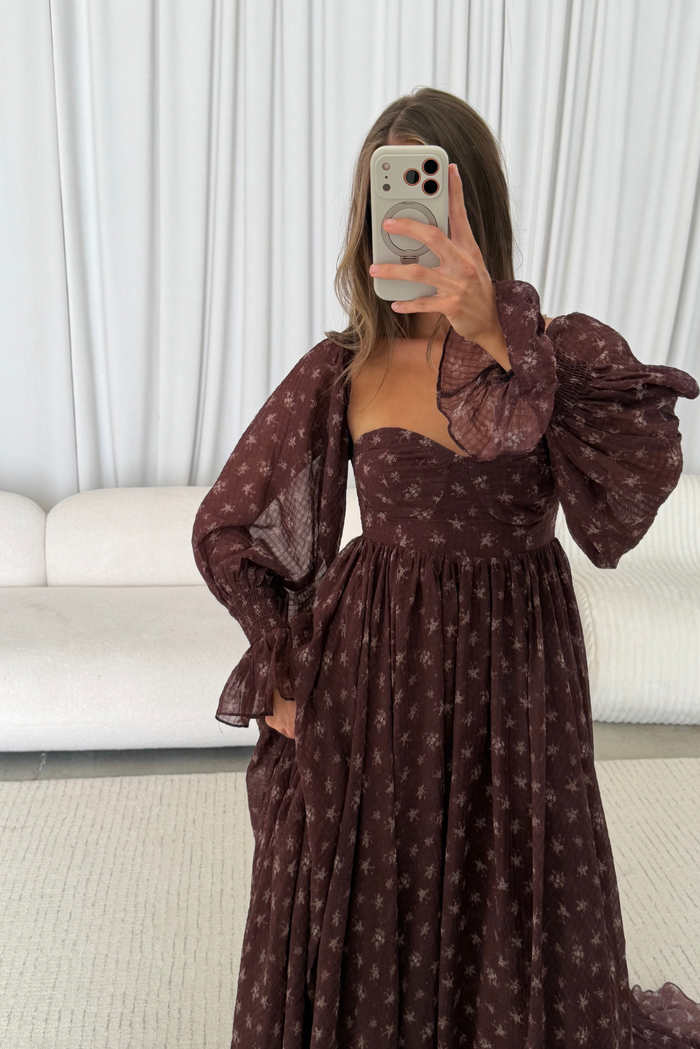 Delilah Floral Maxi Dress with Train in Deep Burgundy - Bump Friendly *9/3 PRE-ORDER*
