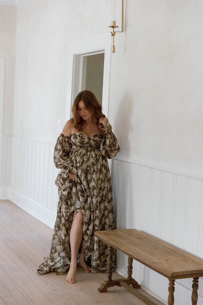 Delilah Floral Maxi Dress with Train in Olive - Bump Friendly