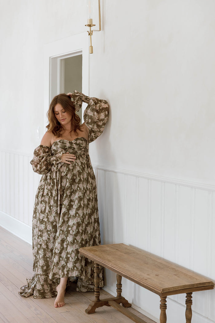 Delilah Floral Maxi Dress with Train in Olive - Bump Friendly