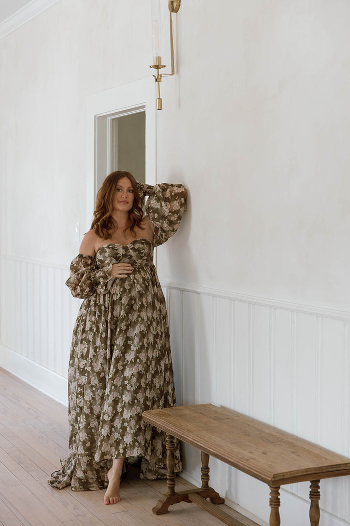 Delilah Floral Maxi Dress with Train in Olive - Bump Friendly