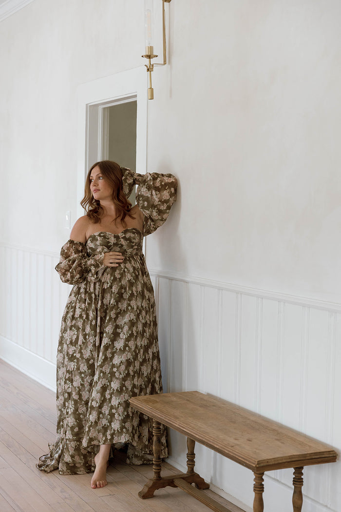 Delilah Floral Maxi Dress with Train in Olive - Bump Friendly