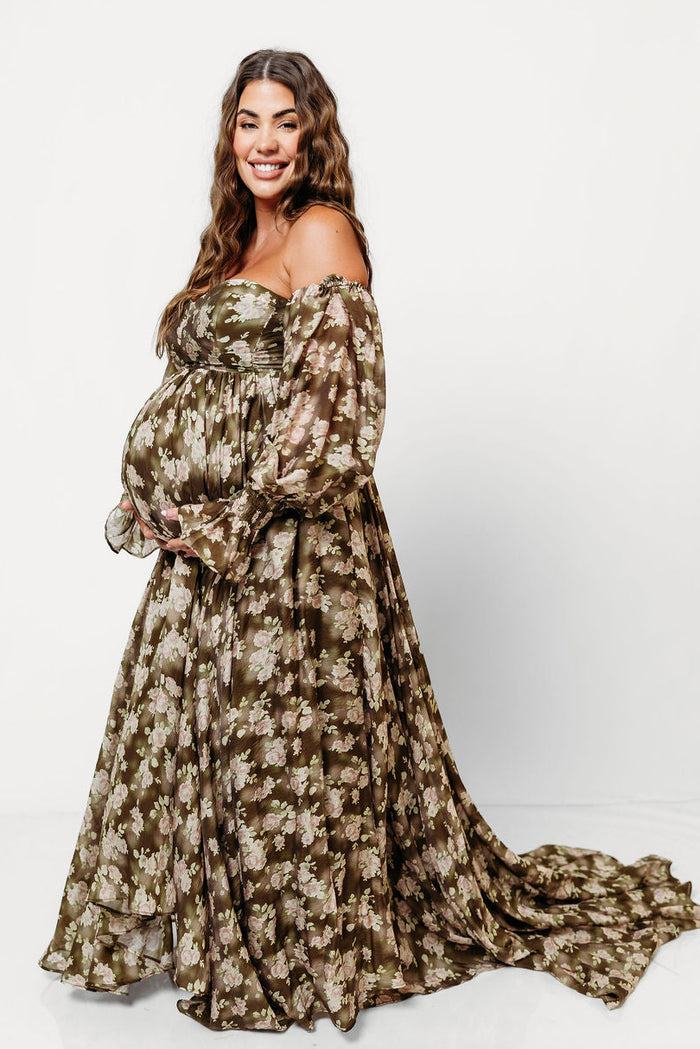 Delilah Floral Maxi Dress with Train in Olive - Bump Friendly