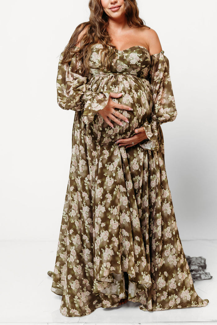 Delilah Floral Maxi Dress with Train in Olive - Bump Friendly