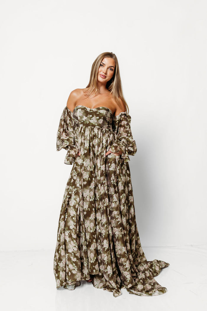 Delilah Floral Maxi Dress with Train in Olive - Bump Friendly