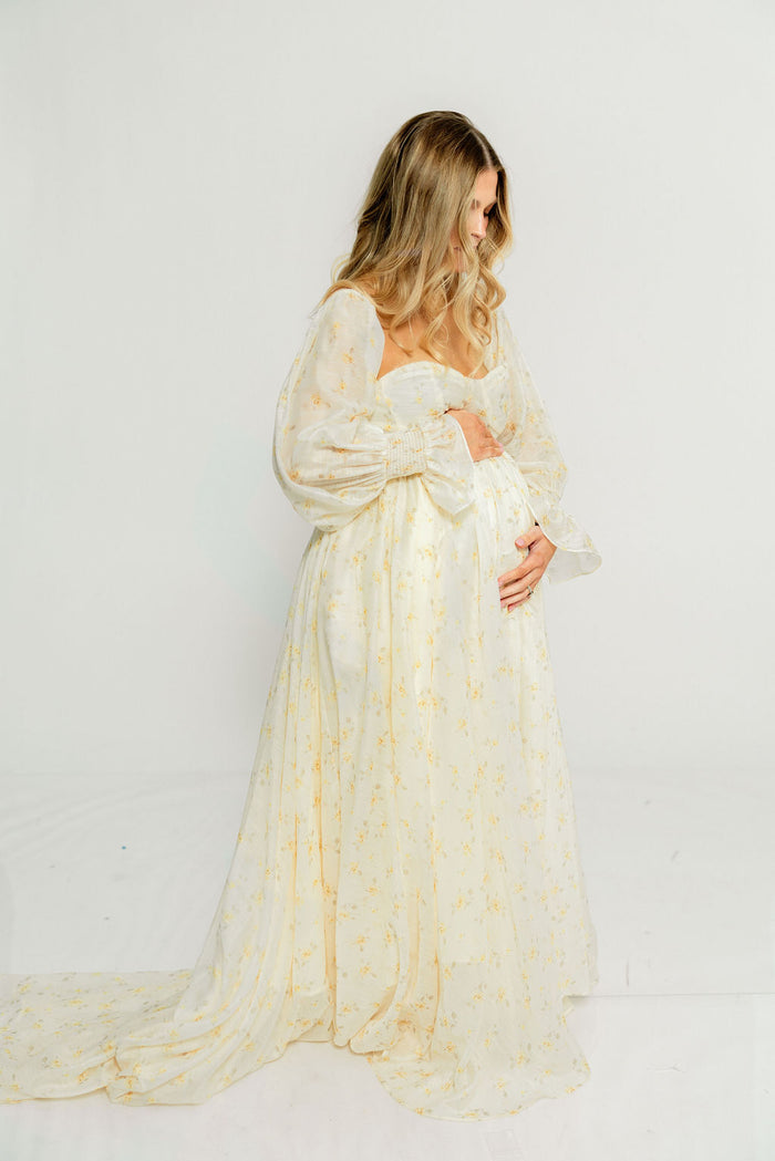 Delilah Maxi Dress with Train in Butter Yellow - Bump Friendly