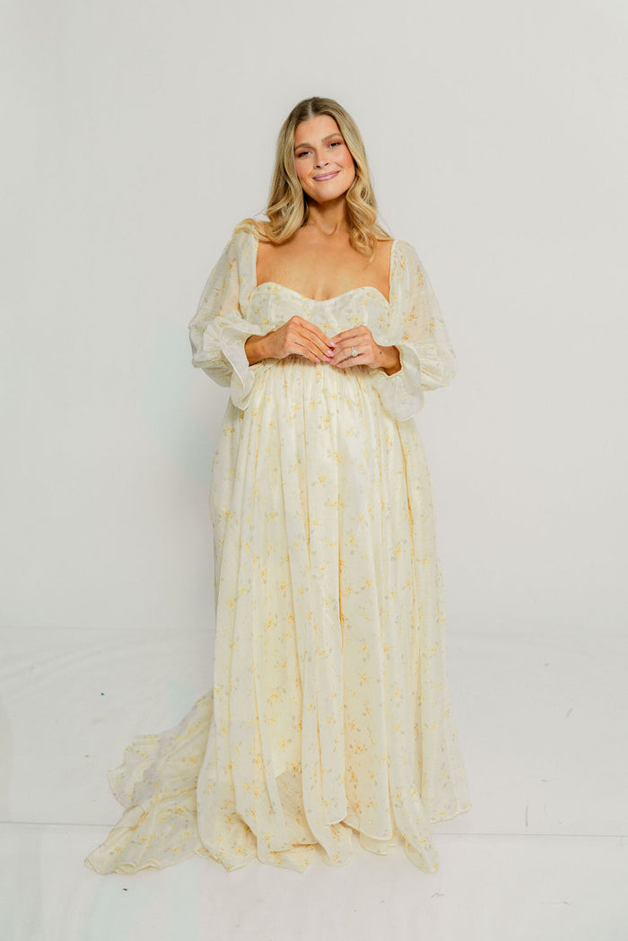 Delilah Maxi Dress with Train in Butter Yellow - Bump Friendly