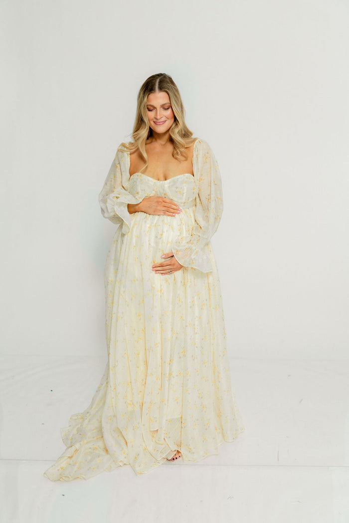 Delilah Maxi Dress with Train in Butter Yellow - Bump Friendly