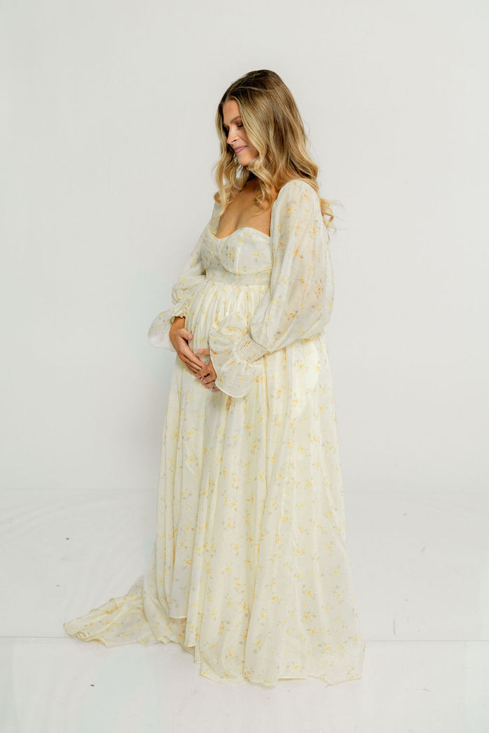 Delilah Maxi Dress with Train in Butter Yellow - Bump Friendly