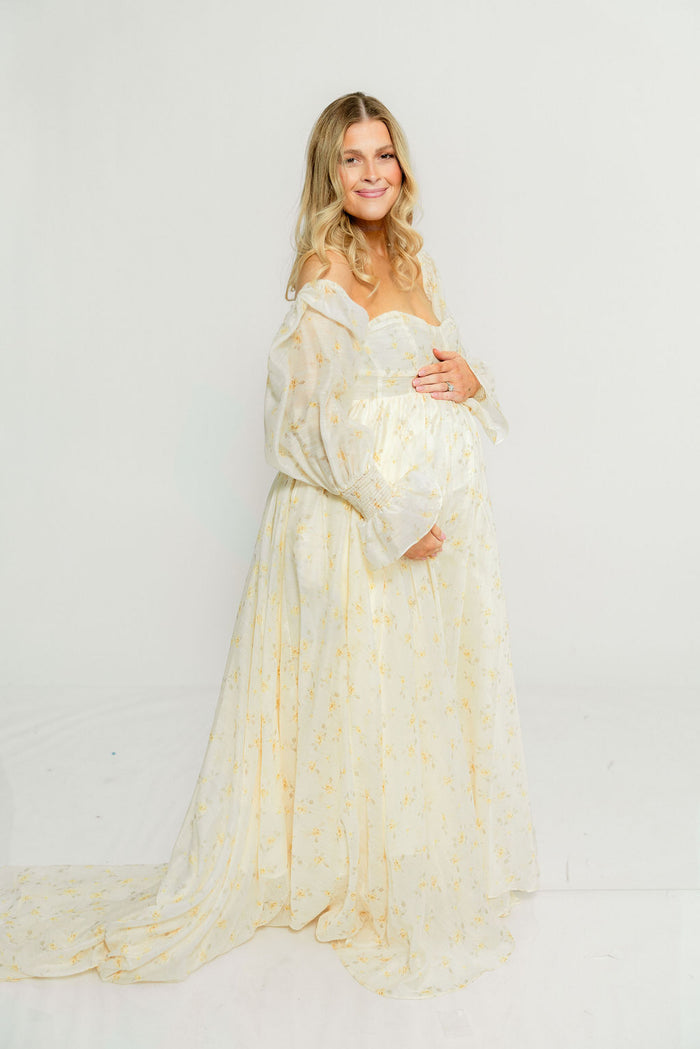 Delilah Maxi Dress with Train in Butter Yellow - Bump Friendly