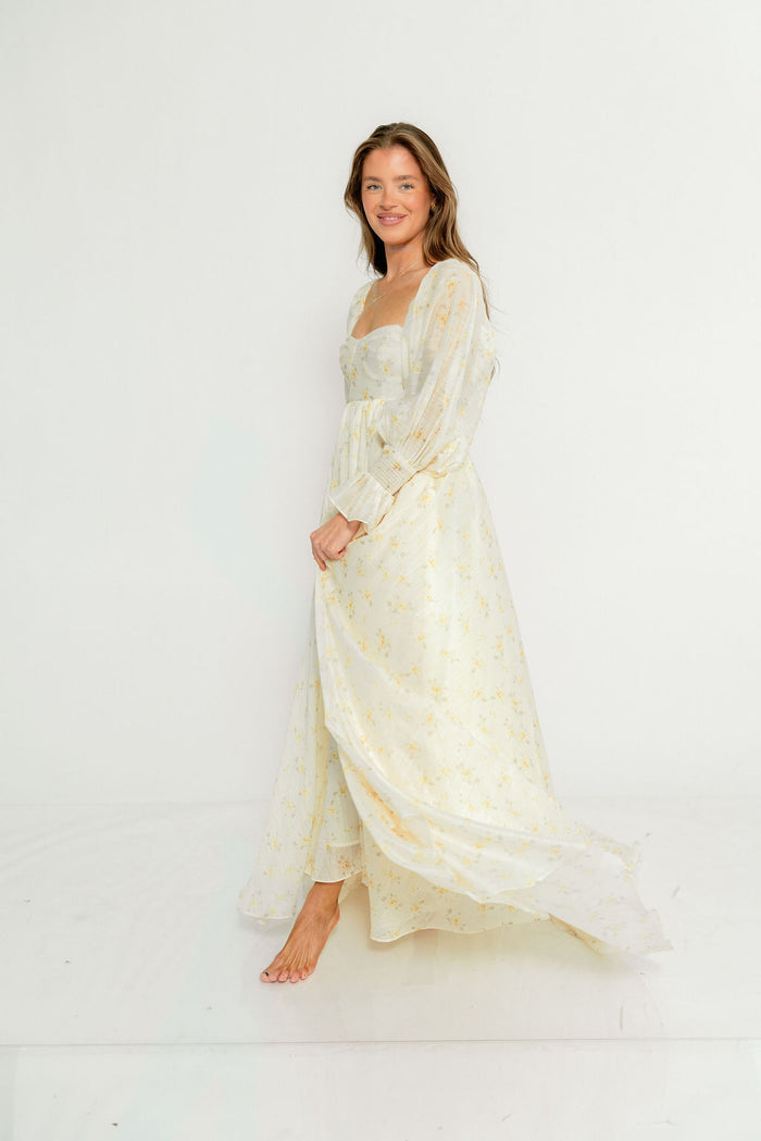 Delilah Maxi Dress with Train in Butter Yellow - Bump Friendly