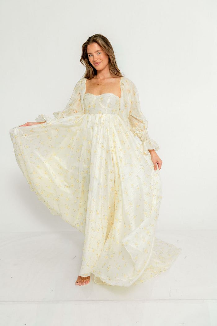Delilah Maxi Dress with Train in Butter Yellow - Bump Friendly