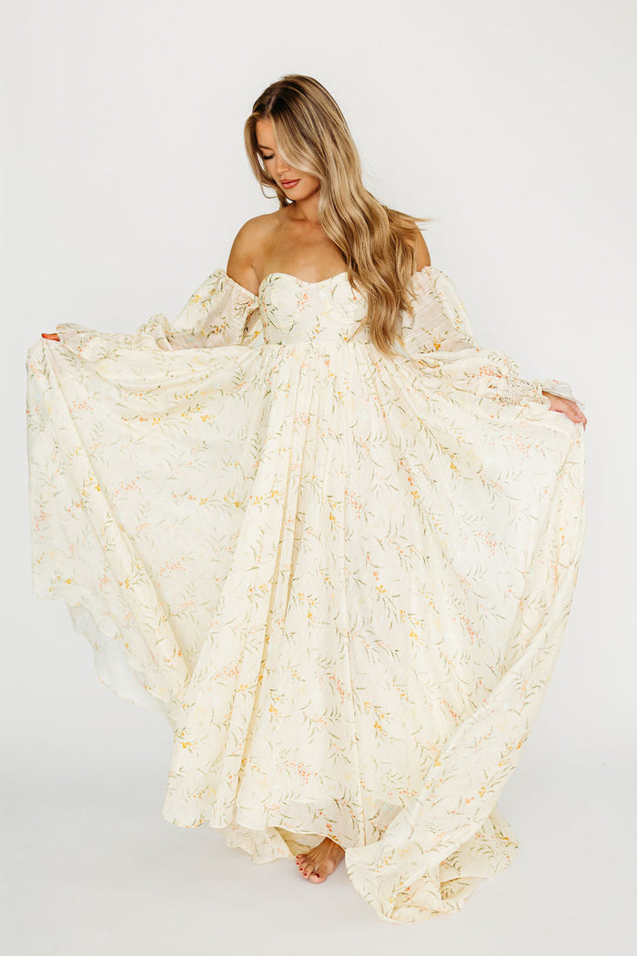 Delilah Maxi Dress With Train in Cream Floral - Bump Friendly