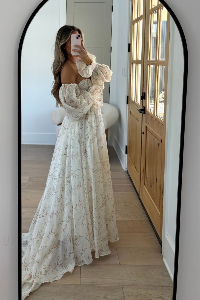 Delilah Maxi Dress With Train in Cream Floral - Bump Friendly