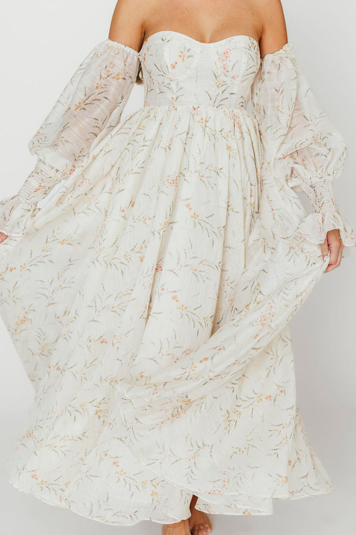 Delilah Maxi Dress With Train in Cream Floral - Bump Friendly