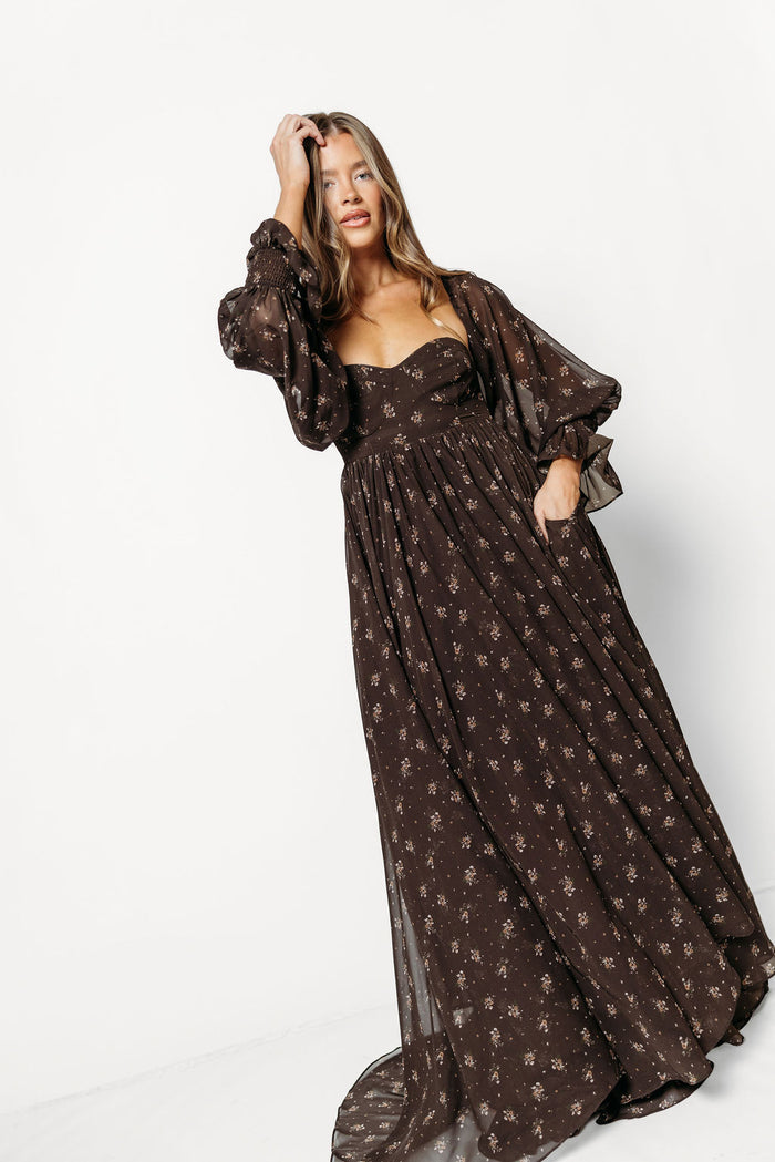 Delilah Maxi Dress with Train in Deep Coffee Brown - Bump Friendly *9/3 PRE-ORDER*
