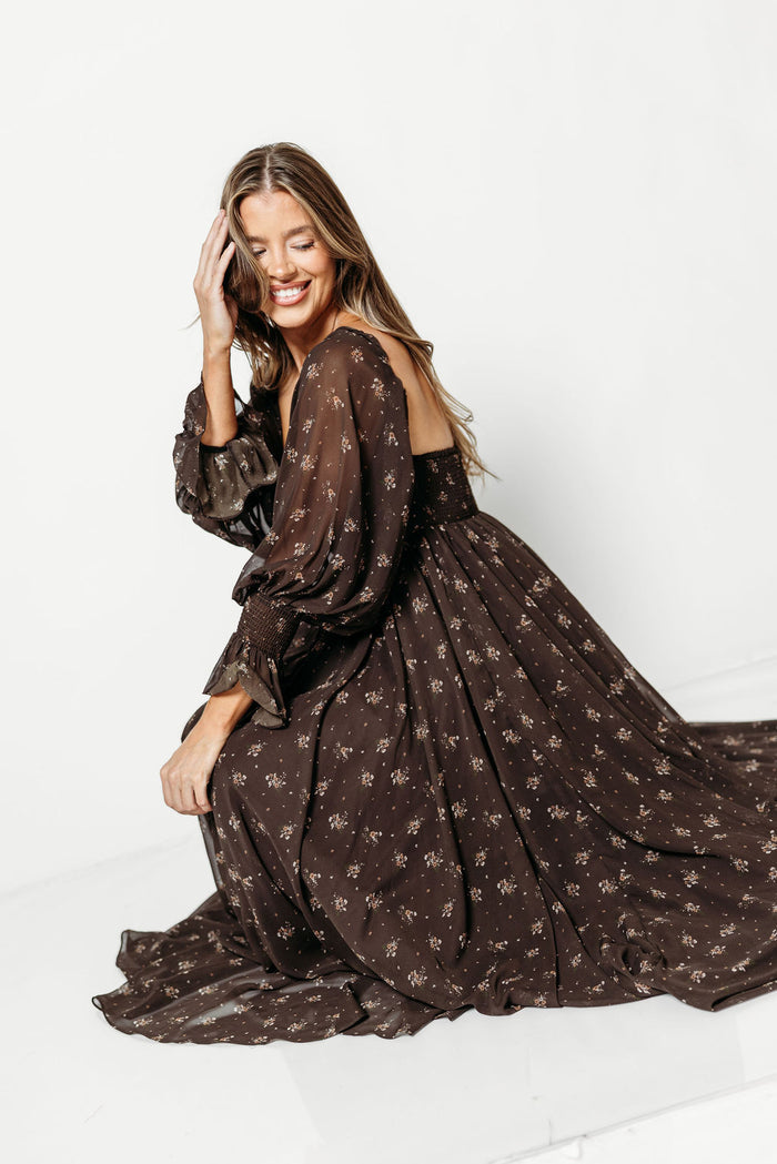 Delilah Maxi Dress with Train in Deep Coffee Brown - Bump Friendly *9/3 PRE-ORDER*
