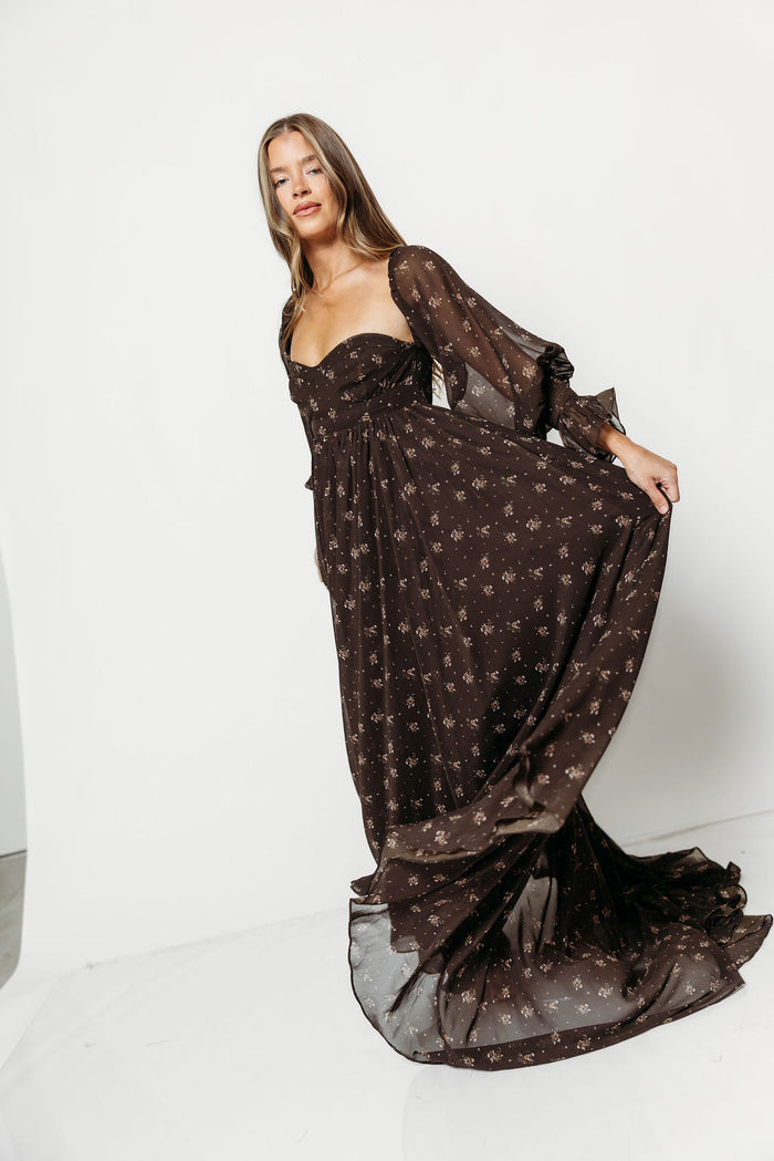 Delilah Maxi Dress with Train in Deep Coffee Brown - Bump Friendly *9/3 PRE-ORDER*